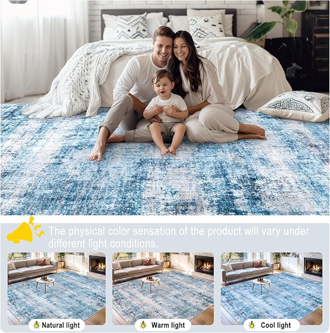 Area Rugs 10x12 Living Room - Washable Rug Modern Abstract Soft Large Neutral Non-Slip Carpet Indoor Floor Thin Carpets for Bedroom Dining Room Farmhouse Nursery Home Office Blue Grey