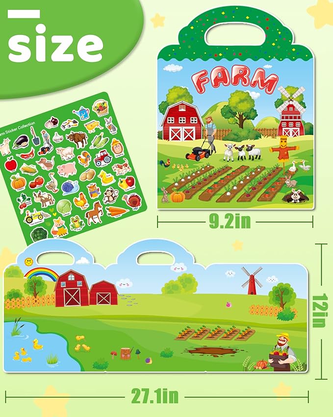 Benresive Reusable Sticker Book for Toddlers 2-4 Years, Fun Travel Stickers for Kids, Waterproof Sticker Books for Toddlers 1-3, Crafts Activities for Todddlers 1-3 2-4 3-5 - Farm