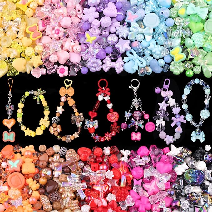 Assorted 500PCS 10 Colors Mixed Acrylic Beads for Bracelet Making, Flower Bow Butterfly GummyBear Aesthetic Bracelet Charms,Cute Beads for Jewelry Making DIY Necklace Keychain Phone Charm