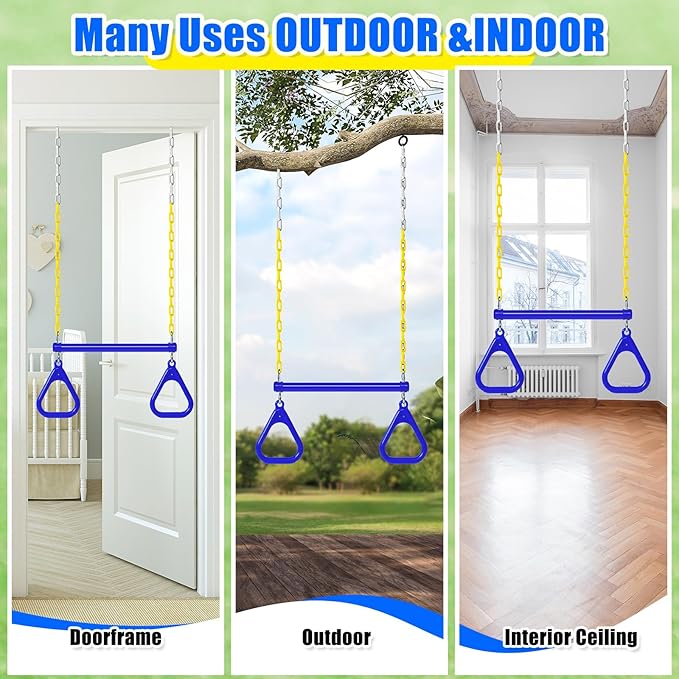 Hungdao 2 Set Gym Ring Trapeze Swing Bar and Climbing Rope with Platforms Disc Heavy Duty Coated Chains Seat Accessories for Outdoor Indoor Playground Backyard(Blue)