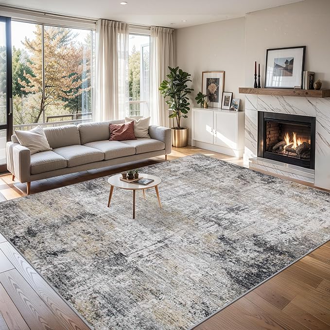 Area Rugs 10x14 Living Room - Washable Rug Modern Abstract Soft Large Neutral Non-Slip Carpet Indoor Floor Thin Carpets for Bedroom Dining Room Farmhouse Nursery Home Office Brown Black Grey
