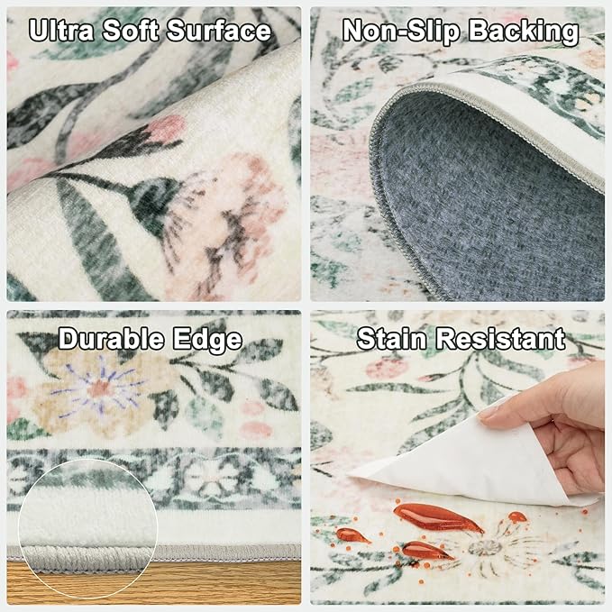 Area Rug Living Room Rugs: Floral 5x7 Washable Rug Vintage Soft Boho Non-Slip Carpet Indoor Stain Resistant Large Carpets for Bedroom Dining Room Farmhouse Nursery Hallway Home Office Green Beige