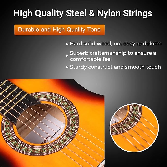 ADM Beginner Acoustic Classical Guitar 30 Inch Nylon Strings Wooden Guitar Bundle Kit for Kid Boy Girl Student Youth Guitarra Online Lessons with Gig Bag, Strap, Tuner, Extra String,Pick,Sunbrust 1