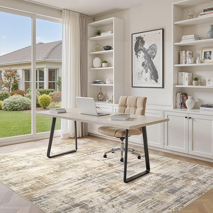 Area Rug for Living Room: 4x6 Washable Neutral Abstract Modern Soft Rugs Non Slip Indoor Floor Stain Resistant Carpet for Bedroom Dining Room Office Nursery - Golden Brown