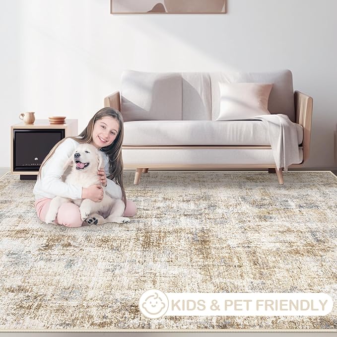 Area Rugs 9x12 Living Room: Washable Rug Modern Abstract Large Rugs Soft Non Slip Neutral Rug Stain Resistant Indoor Carpet for Bedroom Kitchen Dining Room Home Office Rugs(Blue Brown,9'x12')