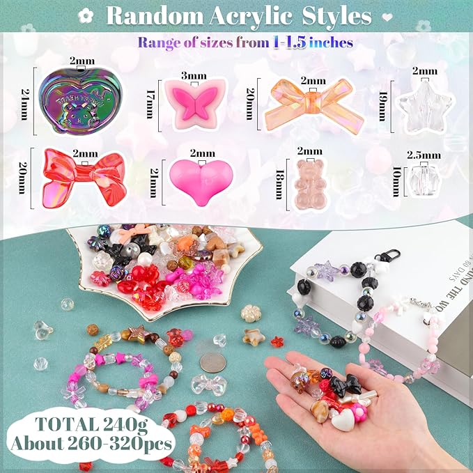 Assorted 260-320PCS Acrylic Beads for Bracelet Making, Flower Bow Butterfly Candy GummyBear Kawaii Aesthetic Beads,Cute Bead for Jewelry Making DIY Necklace Keychain Phone Charms(6 Colors)