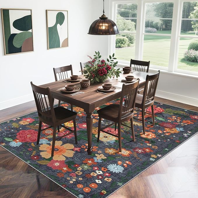 Area Rug Living Room Rugs: 5x7 Washable Rug Vintage Floral Soft Boho Non Slip Carpet Indoor Floor Non Shedding Low Pile Thin Carpets for Bedroom Dining Room Farmhouse Nursery Home Office Black