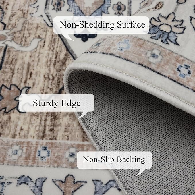 4x6 Washable Area Rug for Living Room, Carpet for Bedroom, Soft Faux Wool Retro Dining Room Rug, Non Slip&Non-Shedding Resistant Low Pile Vintage Print Rug for Home Office (Taupe/Blue)
