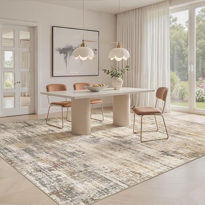 Area Rug for Living Room: 9x12 Washable Neutral Abstract Modern Soft Rugs Non Slip Indoor Floor Stain Resistant Large Carpet for Bedroom Dining Room Office Nursery - Golden Brown