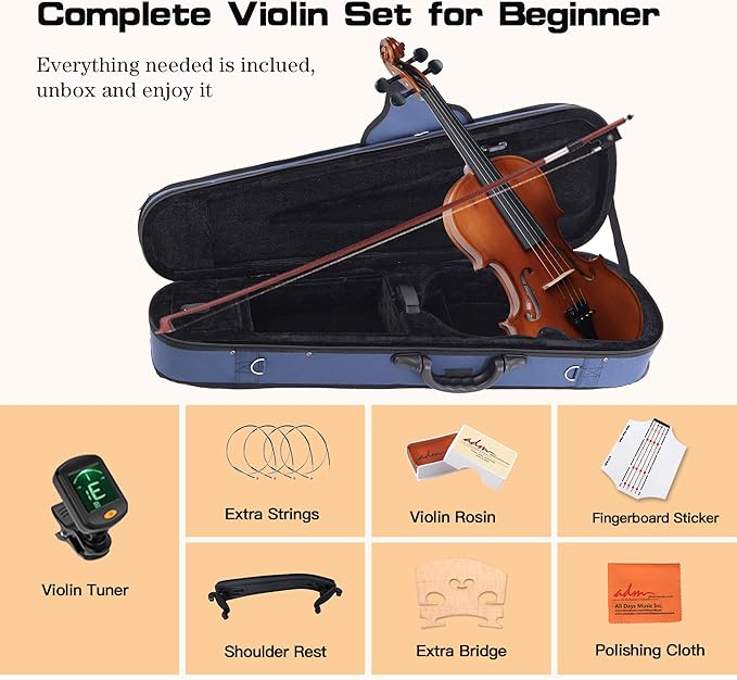 ADM 4/4 Full Size Wood Violin Set for Kids Teens Students Adults Beginner Acoustic Violin Glossy Fiddle Starter Kit with Hard Case, Rosin, Shoulder Rest, Bow, Clip-on Tuner and Fingerboard Sticker
