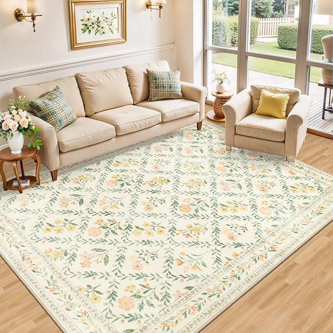 Area Rugs 9x12 Living Room: Floral Washable Rug Vintage Large Soft Boho Non-Slip Carpet Indoor Floor Stain Resistant Low Pile Carpets for Bedroom Dining Room Farmhouse Nursery Home Office Beige/Multi