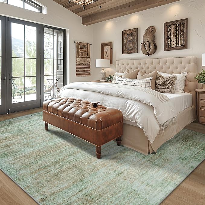 Area Rug 5x7 Living Room Rugs: Abstract Large Washable Rugs with Non-Slip Backing, Thin Carpet for Dining Room Table Bedroom Nursery Indoor Home Office-Green