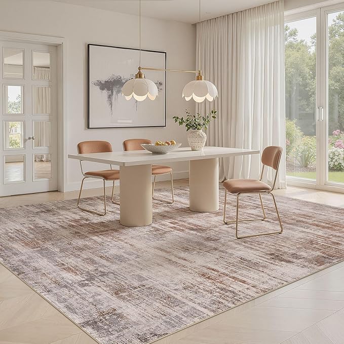 Area Rug for Living Room: 8x10 Washable Neutral Abstract Modern Soft Rugs Non Slip Indoor Floor Stain Resistant Large Carpet for Bedroom Dining Room Office Nursery - Red Brown