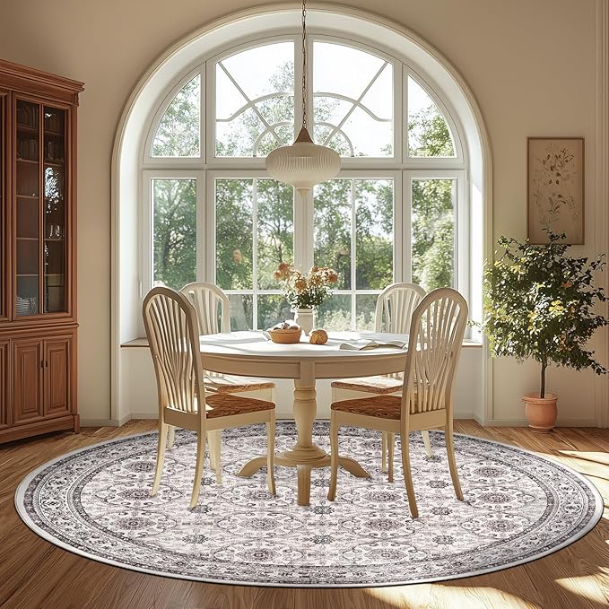 jinchan Round Rug 8ft Washable Circle Soft Rug - Low Pile Vintage 8'Round Indoor Beige Floral Print Stain Resistant Boho Carpet Ultra-Thin Non-Slip for Living Room Bedroom Dining Room Kitchen
