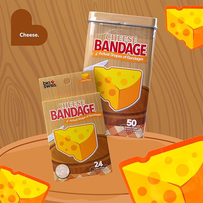 BioSwiss Bandages, Cheese Shaped Self Adhesive Bandage, Latex Free Wound Care, Fun First Aid Kit Supplies for Kids and Adults, 50 Count