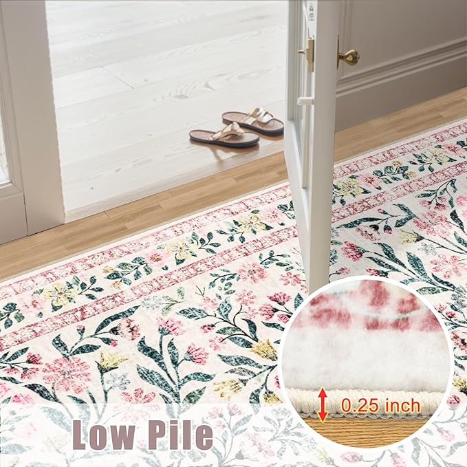 6x9 Area Rugs for Living Room: Floral Washable Rug Vintage Large Soft Boho Non-Slip Carpet Indoor Stain Resistant Thin Carpets for Bedroom Dining Room Farmhouse Nursery Hallway Home Office Pink Green