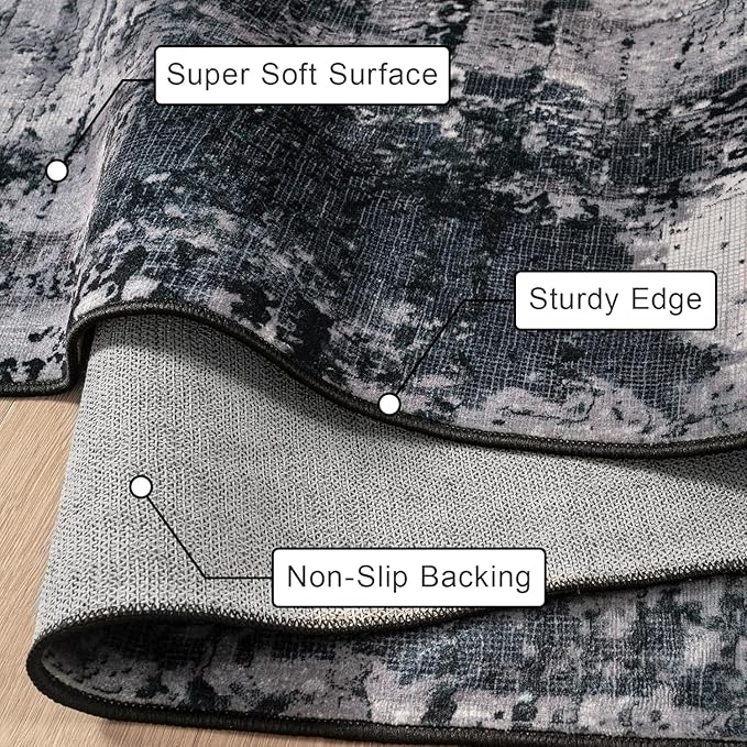 Kelarea Living Room Rug, 6x9 Area Rug Modern Abstract Washable Rugs, Black Non Slip Low Pile Carpet, Stain Resistant Large Rugs for Bedroom, Dining Room, College Dorm, Home Office