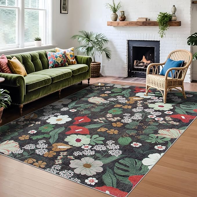 Area Rug Living Room Rugs: 5x7 Washable Rug Vintage Floral Soft Boho Non Slip Carpet Indoor Floor Non Shedding Low Pile Thin Carpets for Bedroom Dining Room Farmhouse Nursery Home Office Green