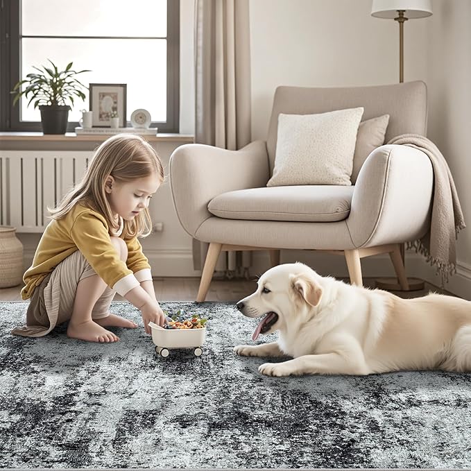 Area Rug Living Room Rugs: 5x7 Abstract Washable Rugs Ultra Soft Carpets with Non-Slip Backing Stain Resistant Carpet for Dining Room Table Bedroom Nursery Indoor Home Office Dark Black/Gray