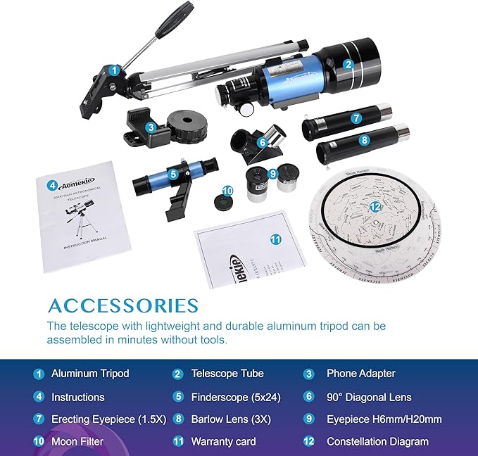 AOMEKIE Telescopes,70mm Aperture 300mm Table Tripod, Astronomical for Beginners,2 Eyepieces 150X with Smartphone Adapter Moon Filter 3X Barlow