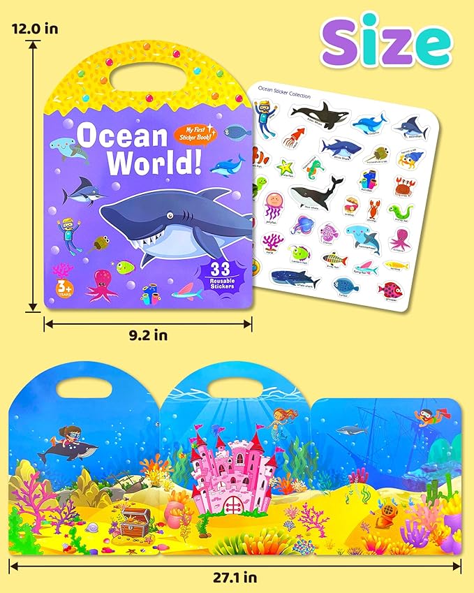 Benresive Reusable Sticker Book for Toddlers 2-4 Years, Fun Travel Stickers for Kids, Waterproof Sticker Books for Toddlers 1-3, Crafts Activities for Todddlers 1-3 2-4 3-5 - Ocean World