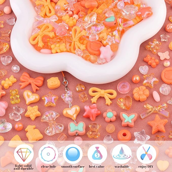Assorted 170-230PCS Orange Acrylic Beads for Bracelet Making, Flower Bow Butterfly Candy GummyBear Aesthetic Bracelet Charms,Cute Beads for Jewelry Making DIY Necklace Keychain Phone Charm