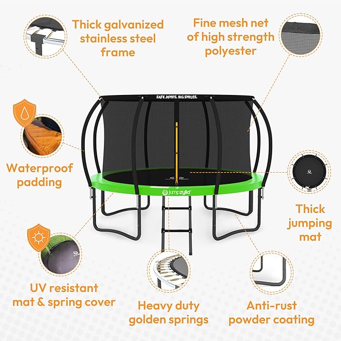 JUMPZYLLA Trampoline Outdoor 8FT 10FT 12FT 14FT 15FT 16FT with Enclosure and Ladder, ASTM Approved Recreational Trampoline for Kids and Adults, Anti-Rust Coated Frame