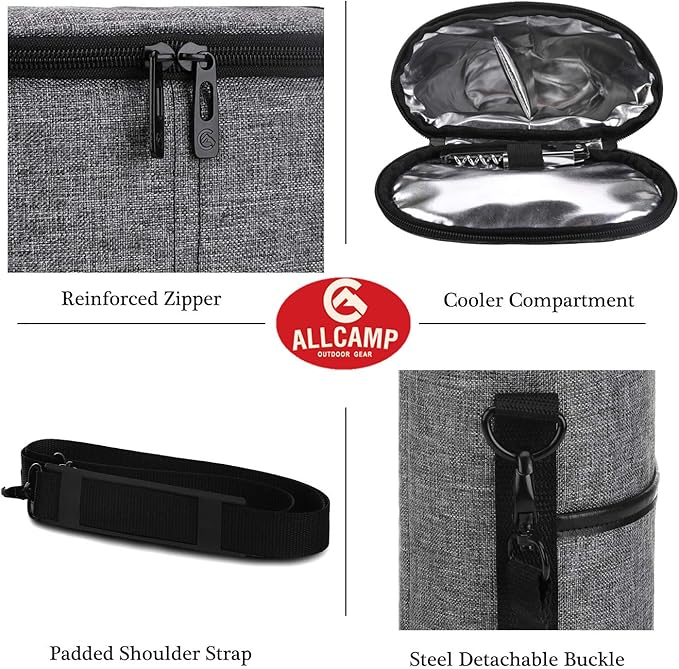ALLCAMP 2 Bottle Wine Tote Carrier - Insulated Portable Padded Canvas Wine Bag for Travel, BYOB Restaurant, Wine Tasting, Party, Great Christmas Day Gift for Wine Lover,Gray