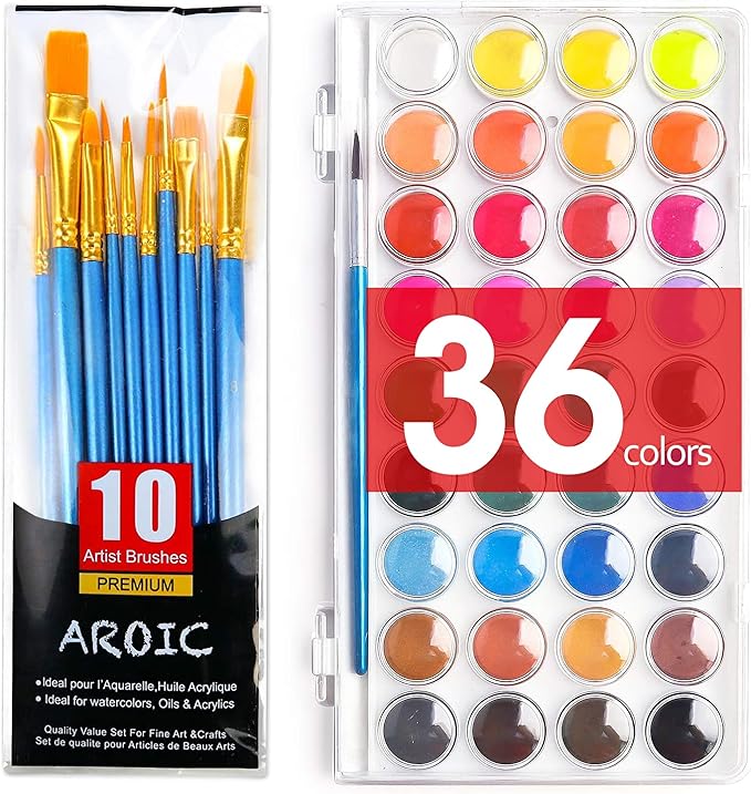 AROIC Watercolor Paint Set, 36-Color Watercolor Paint with 10 Brushes, Non-Toxic Washable Watercolors for Kids & Adults, Art Supplies for Painting, Drawing, DIY Crafts, School, Classroom, Artist Use