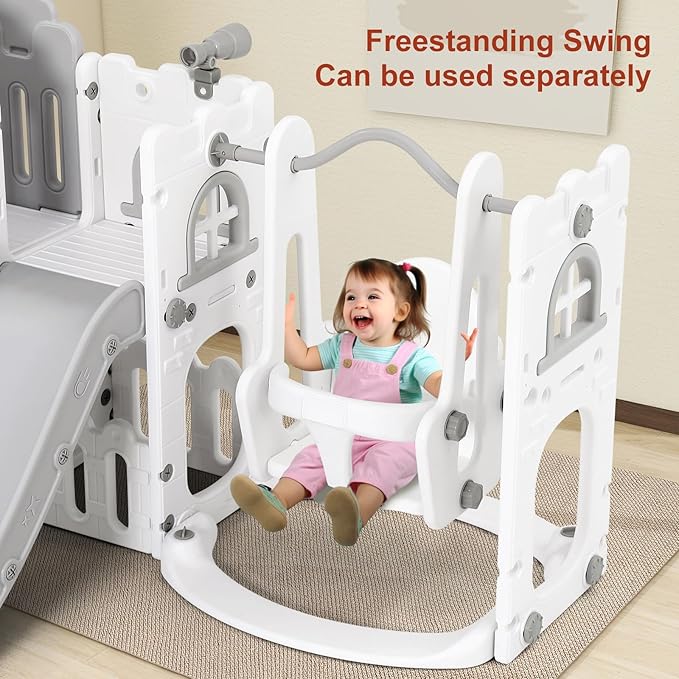 JOYLDIAS 10 in 1 Toddler Slide, Double Kid Climber Slide Playset w/Swing, Basketball Hoop, Telescope, Tunnel, Storage Space and Non-Slip Steps, Indoor Outdoor Backyard Playground Toy for Toddlers