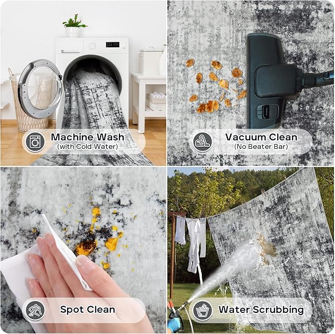 4x6 Area Rugs for Living Room Rug Washable: Modern Large Rug for Dining Room Bedroom Carpet Non Slip Low Pile 4 by 6 Indoor Abstract Nursery Home Office Black Grey