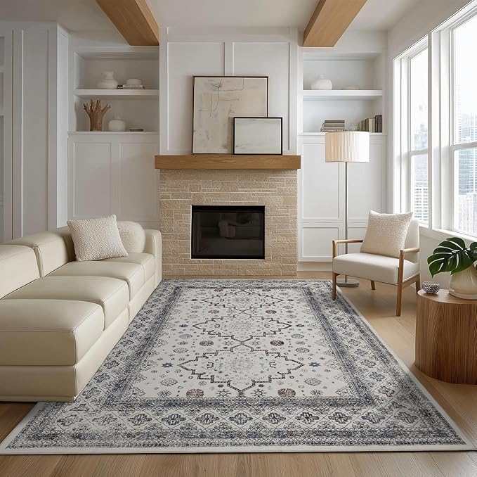 4x6 Washable Area Rug for Living Room, Carpet for Bedroom, Soft Faux Wool Retro Dining Room Rug, Non Slip&Non-Shedding Resistant Low Pile Vintage Print Rug for Home Office (White Cream/Gray)
