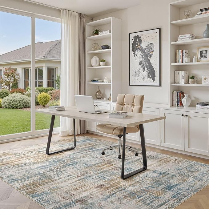 Area Rug for Living Room: 5x7 Washable Neutral Abstract Modern Soft Rugs Non Slip Indoor Floor Stain Resistant Carpet for Bedroom Dining Room Office Nursery - Blue Brown