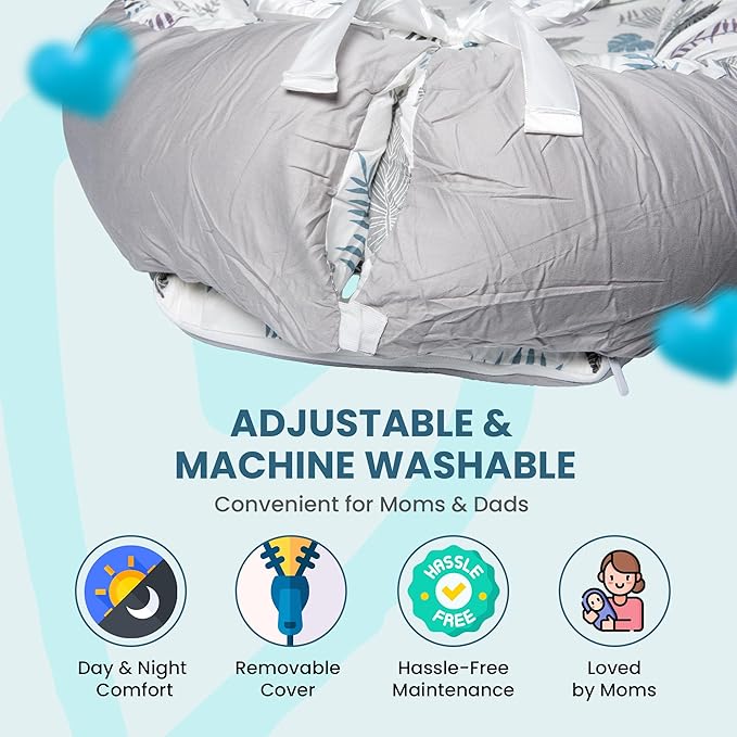 Baby Support Base for Awake Time – Foldable & Soft – 100% Cotton - Machine Washable - Perfect Baby Gift– Breathable & Soft Travel for Baby Boys & Girls (Feathers n Leaves-Grey)