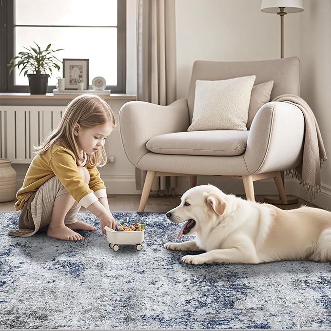 Area Rugs 8x10 Living Room Rugs: Modern Abstract Washable Rug with Non-Slip Backing, Stain Resistant Indoor Floor Large Carpet for Bedroom Dining Room Table Nursery Hallway Home Office Blue/Gray/Black