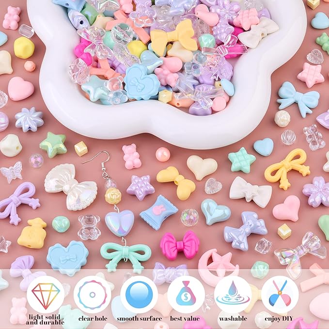 Assorted 170-230PCS Macaroon Color Acrylic Beads For Bracelet Making, Bow Butterfly Candy GummyBear Aesthetic Bracelet Charms,Cute Beads For Jewelry Making DIY Necklace Keychain Phone Charm
