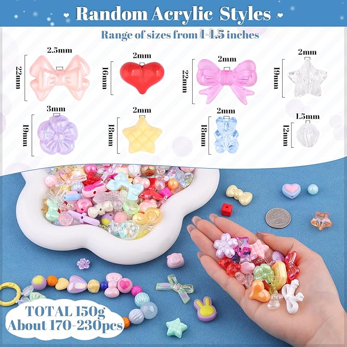 Assorted 170-230PCS Mixed Colors Acrylic Beads for Bracelet Making, Flower Bow Butterfly GummyBear Aesthetic Bracelet Charms,Cute Beads for Jewelry Making DIY Necklace Keychain Phone Charm