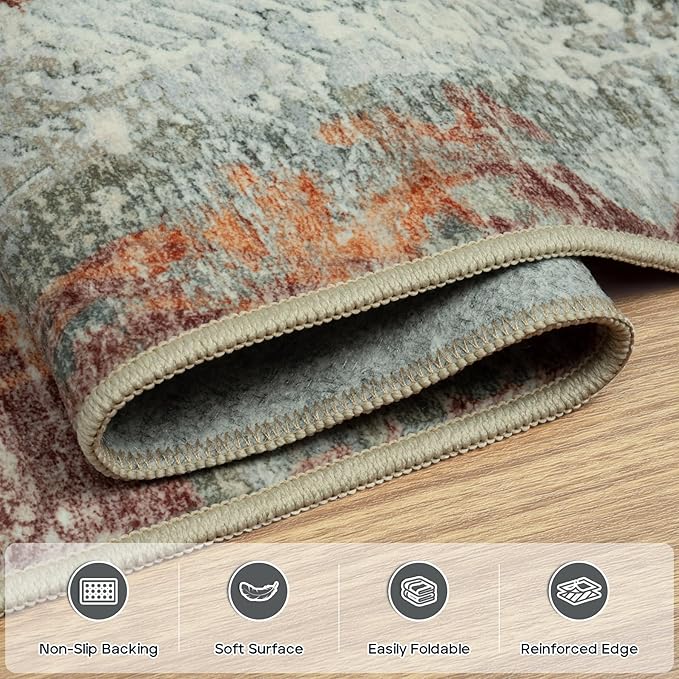 4x6 Area Rugs for Living Room Rug Washable: Modern Large Rug for Dining Room Bedroom Carpet Non Slip Low Pile 4 by 6 Indoor Abstract Nursery Home Office Red Brown