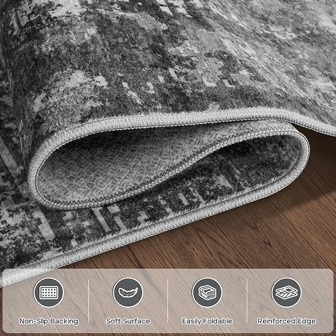 4x6 Area Rugs for Living Room Rug Washable: Modern Large Rug for Dining Room Bedroom Carpet Non Slip Low Pile 4 by 6 Indoor Abstract Nursery Home Office Black Grey