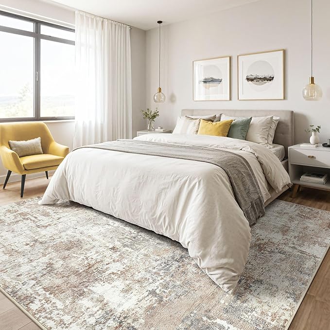 4x6 Rug Washable Area Rugs: Abstract Modern Soft Stain Resistant Indoor Floor Accent Non Slip Carpet for Living Room Entryway Kitchen Bedroom Nursery Office Bedside Home House Decor- Brown