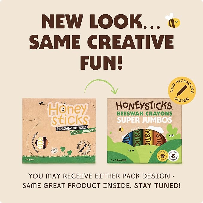 Honeysticks Super Jumbo Crayons (6 Pack) - 100% Pure Beeswax, Non Toxic Crayons for Toddlers 1-3, Extra Large Crayon Size, Easy to Hold and Use, Unbreakable Toddler Crayons, Eco-Friendly