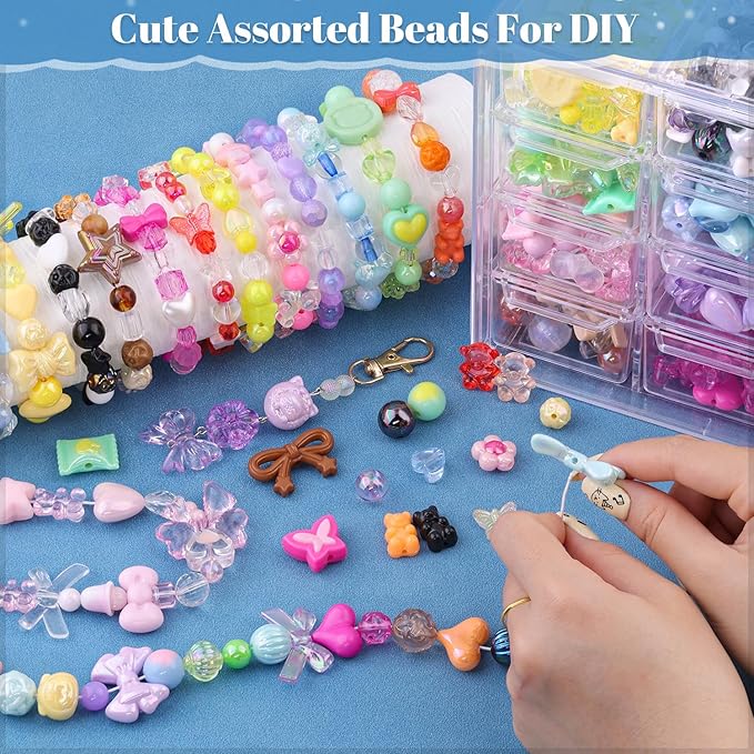 Assorted 500PCS 10 Colors Mixed Acrylic Beads for Bracelet Making, Flower Bow Butterfly GummyBear Aesthetic Bracelet Charms,Cute Beads for Jewelry Making DIY Necklace Keychain Phone Charm