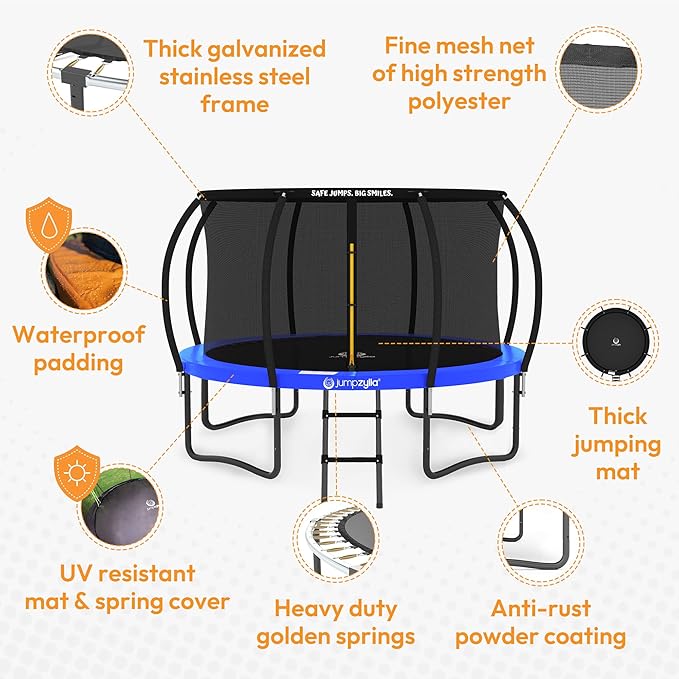 JUMPZYLLA Trampoline Outdoor 8FT 10FT 12FT 14FT 15FT 16FT with Enclosure and Ladder, ASTM Approved Recreational Trampoline for Kids and Adults, Anti-Rust Coated Frame