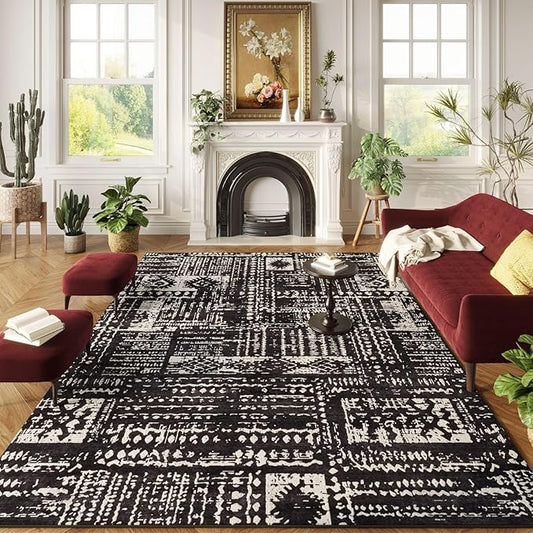Area Rugs 8x10 Rug for Living Room Clearance Washable Boho Area Rug Non Slip Moroccan Vintage Low Pile Large Rug for Living Room, Bedroom, Farmhouse, Dining Room, Kids Playroom(Black)