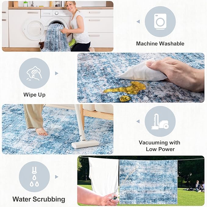 Area Rugs 10x12 Living Room - Washable Rug Modern Abstract Soft Large Neutral Non-Slip Carpet Indoor Floor Thin Carpets for Bedroom Dining Room Farmhouse Nursery Home Office Blue Grey