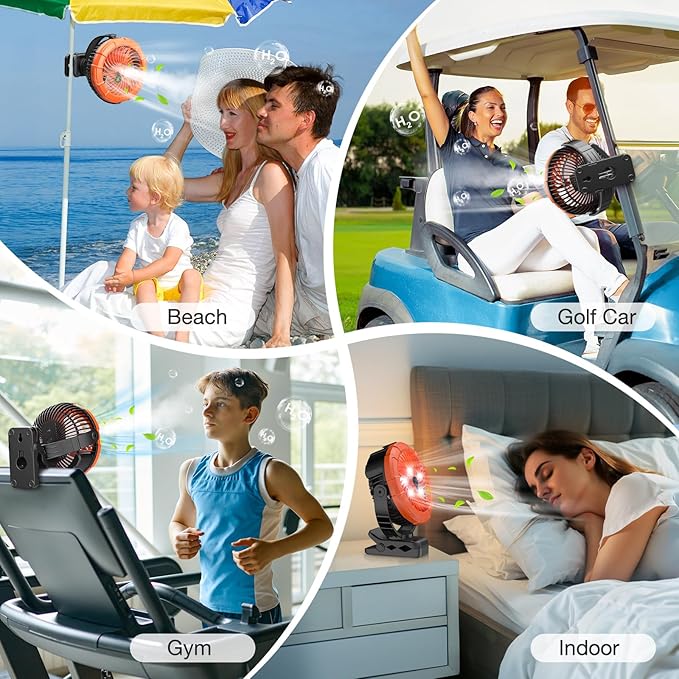 Ausic Portable Misting Clip on Fan, 100ml Camping Stroller Fan with LED, Max 45H Working Time Golf Cart Fans, 360° Rotate Cooling Spray, Outdoor Rechargeable Battery Fans for Travel/Home/Beach