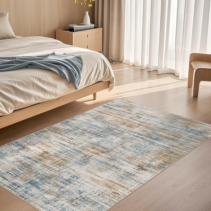 Area Rug for Living Room: 3x5 Washable Neutral Abstract Modern Soft Rugs Non Slip Indoor Floor Stain Resistant Carpet for Bedroom Dining Room Office Nursery - Blue Brown