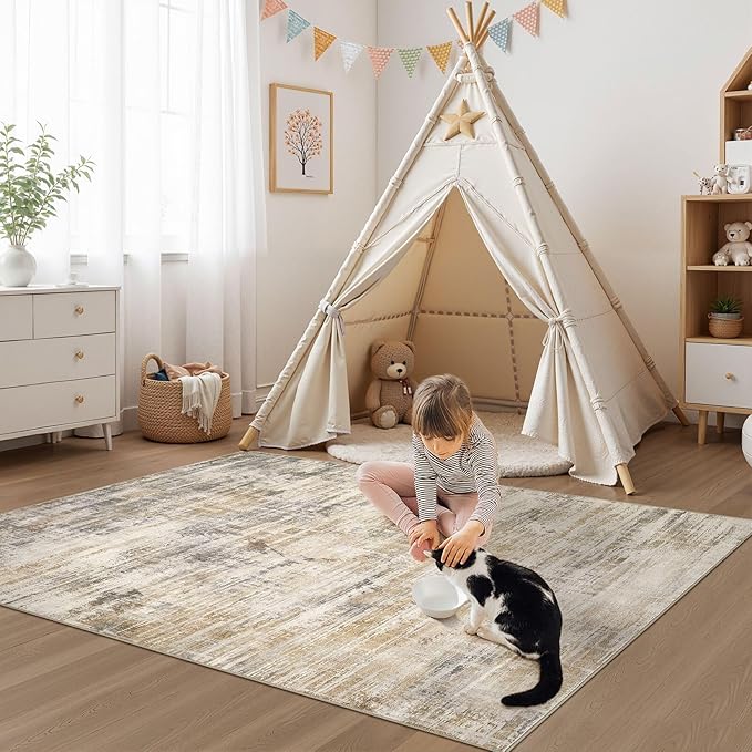 Area Rug for Living Room: 4x6 Washable Neutral Abstract Modern Soft Rugs Non Slip Indoor Floor Stain Resistant Carpet for Bedroom Dining Room Office Nursery - Golden Brown