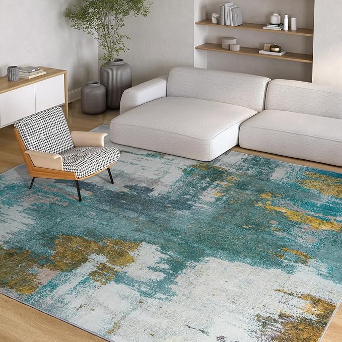 Kelarea 6x9 Area Rugs for Living Room, Washable Abstract Non-Slip Large Rug Stain Resistant Blue Carpet, Low Pile Soft Indoor Rug for Bedroom, Dining Room, Nursery, Kitchen, Home Office