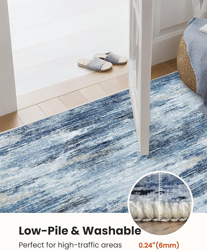 Amada 8x10 Area Rug, Modern Abstract Living Room Rug with Non-Slip Backing & Short Pile, Large Washable Rug with Abstract Pattern for Living Room, Bedroom and Dinning Room, Blue